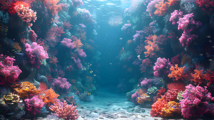 Fototapeta na wymiar Serene underwater canyon pathway flanked by a lush, multi-colored coral reef in a tranquil marine setting