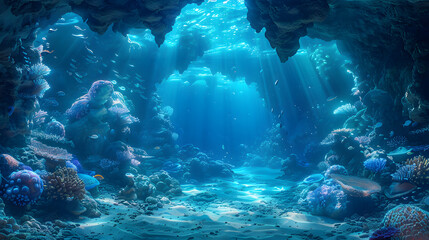 Fototapeta premium Underwater cave with sunlight streaming through, illuminating the vivid coral and schooling fish within