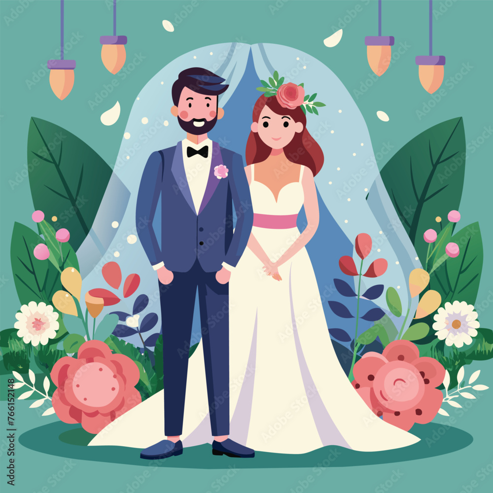 Wall mural wedding couple with flowers decoration stage vector illustration  - Wall murals