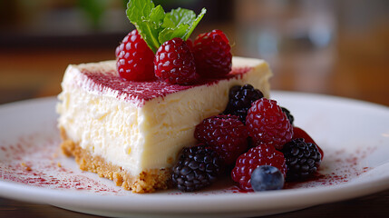 cheesecake with berries and mint