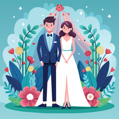 wedding couple with flowers and plants vector illustration design