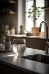 Morning Kitchen With Water Cascades From The Tap And Glass Of Wataer - 766152304