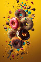 Flying Fresh Sweet Donuts With Colorful Topping - 766152311