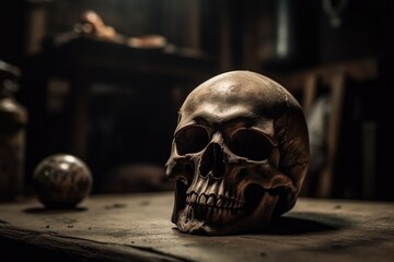 human skull in a terrible room - 766152334