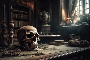 human skull in a mysterious place - 766152335