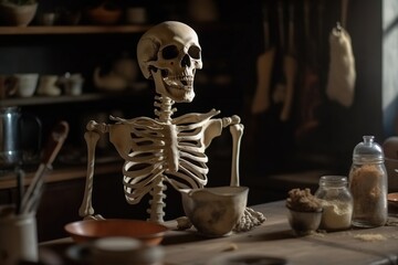 human skeleton in abandoned kitchen - 766152336