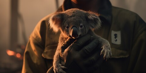 Fireman Holding Wild Koala Bear Child During Fire In Forest - 766152338