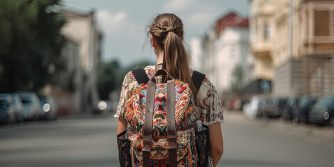 Young Girl With Stylish Backpack With A Embroidery On A Street - obrazy, fototapety, plakaty