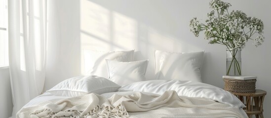 A modern bedroom with a white bed adorned with pillows, located next to a window. The room features...
