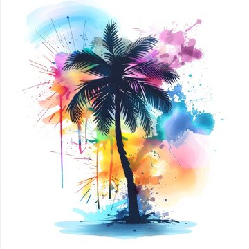 A realistic painting of a vibrant palm tree against a clean white background, showcasing intricate details and vivid colors
