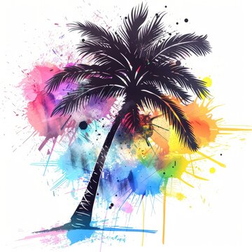 A painting featuring a detailed palm tree against a clean white background, showcasing the intricate details of the trees leaves and trunk
