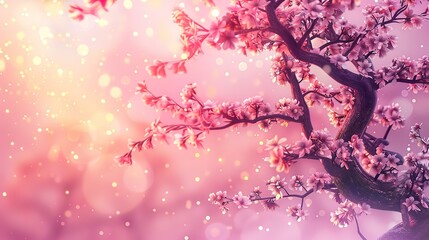 Moving panorama with a cherry blossom tree against pale pink sky with multi-colored sparkling highlights. Beautiful trendy view of japanese sakura. Stylish colors of nature. Slow,Generative ai, 
