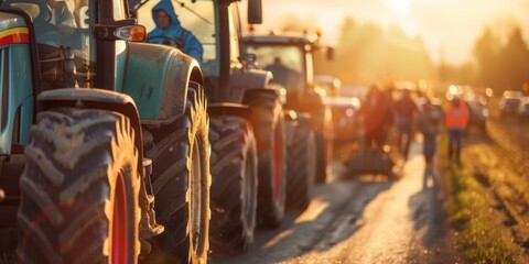 Farmers blocked traffic with tractors during a protest. Generative AI. - obrazy, fototapety, plakaty