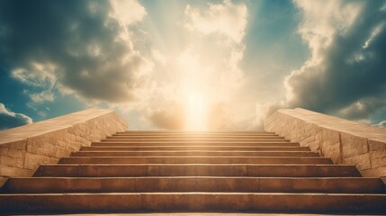 Celestial stairway leading up to heavenly sky toward the light. Staircase in clouds with glowing doorway to heaven.