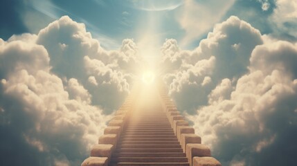 Fototapeta premium Celestial stairway leading up to heavenly sky toward the light. Staircase in clouds with glowing doorway to heaven.