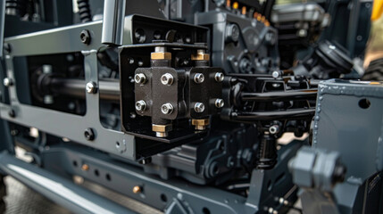 Fototapeta premium A heavy-duty transmission mount, with thick rubber isolators and sturdy brackets, securing the transmission to the truck's frame
