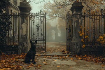 A black dog sits attentively in front of a closed gate, looking towards the camera, A ghastly dog...