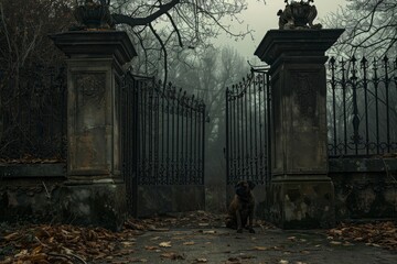 A dog stands alertly in front of a closed gate, guarding the entrance with curiosity, A ghastly dog waiting faithfully at the gates of an abandoned manor, AI Generated - obrazy, fototapety, plakaty