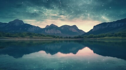 Watercolor style mountain around a lake full moon stars.