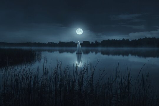 A boat calmly floats on the surface of a lake, illuminated by the brilliant light of a full moon, A ghostly figure floating above a moonlit lake, AI Generated