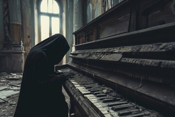 A nun is seated at a piano in a church, playing the keys with focused concentration, A ghostly...