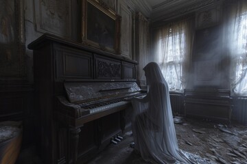 A ghostly woman wearing a white veil stands solemnly in front of a piano, creating an eerie...