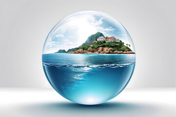 The ocean inside a thin, transparent sphere on white background