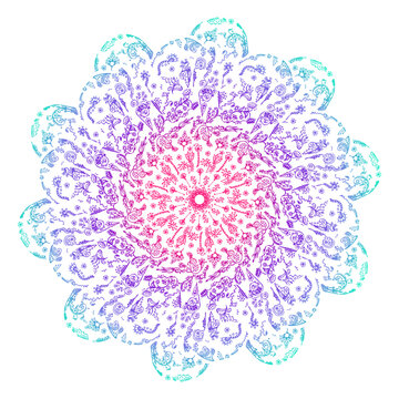 Colorful lacy mandala isolated on white background. Zen doodle circle ornament.
