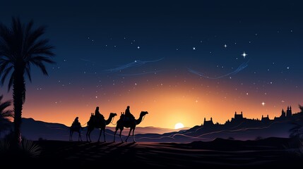 a group of people riding camels in a desert
