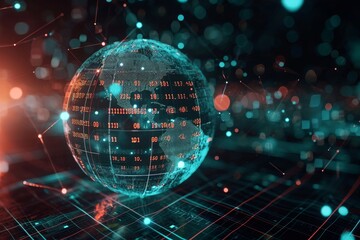 A sphere with numbers illuminated in the darkness, showcasing a unique and mysterious display, A globe wrapped in streaming lines of binary code, AI Generated