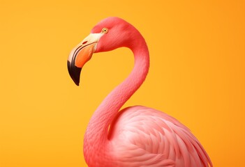 a pink flamingo with a yellow background