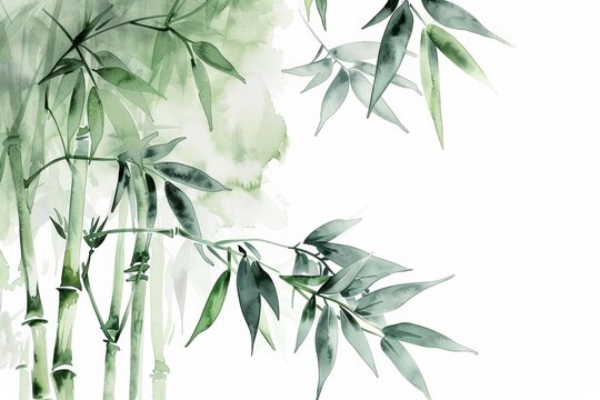 Fototapeta Elegant watercolor illustration of bamboo stalks and leaves with a soft green background, with copy space for text, suitable for spa, wellness, or Asian-inspired design themes