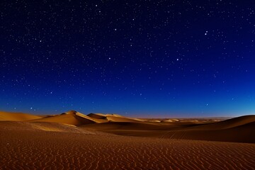 Fototapeta na wymiar A photo capturing the night sky filled with stars shining above a vast desert landscape, A golden desert under a starry night sky, AI Generated