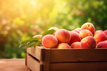 a wooden box of peaches
