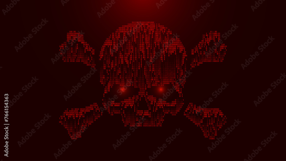 Poster Skull and Crossed Bones ASCII Art. Falling Binary Numbers Danger Piracy Skull Sign. Matrix Style Wallpaper. Hacking, Ddos-attack, Malware, Ransomware, Spam, Computer Virus Concept. Vector Illustration