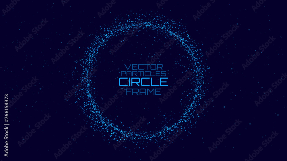 Poster Blue Particles Circle Frame. Particles Shockwave Effect on Dark Background. Digital Explosion. Radial Sound Circle Wave Music Visualization. Colorful Equalizer Background. Vector Illustration.