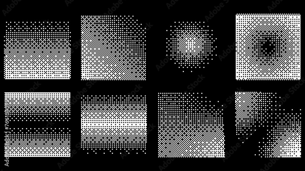 Aufkleber Pixel Bitmap Dither Gradient Squares. Pixel Disintegration Effect. Retro 8 Bit Graphic Art Style Different Textures Design Elements Collection. Vector Illustration.