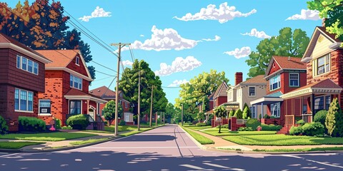 A suburban neighborhood with red brick homes. - obrazy, fototapety, plakaty
