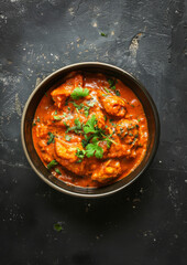 Indian butter chicken. Top view. On dark surface. Meal. Spicey.  - obrazy, fototapety, plakaty