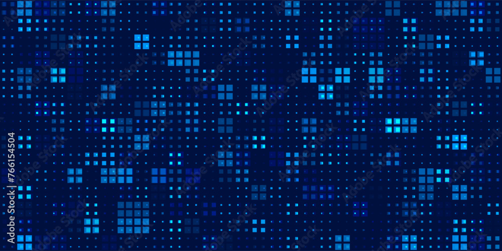 Poster Halftone Pixel Dithering Square Tiles Seamless Pattern. Abstract Tech Pixel Background. Vector Illustration. Pixel Halftone Effect Random Tiles Generative Art.