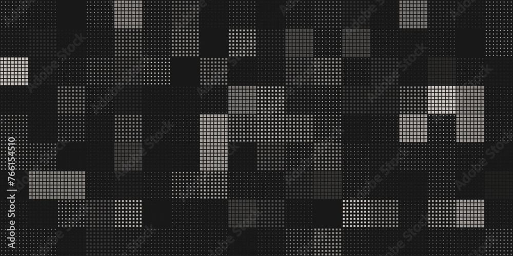 Poster Halftone Pixel Dithering Square Tiles Seamless Pattern. Abstract Tech Pixel Background. Vector Illustration. Pixel Halftone Effect Random Tiles Generative Art.