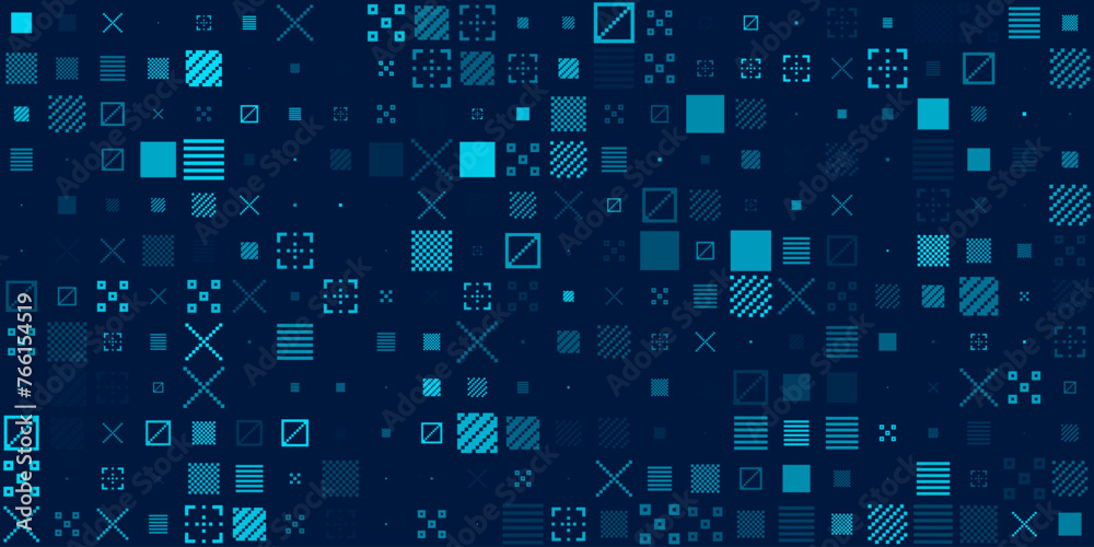Aufkleber Abstract Pixel Symbols Vector Pattern. Geometric Retro Computer Game Style Texture. Generative Art Tech Vector Illustration. Grid of Pixel Shapes.