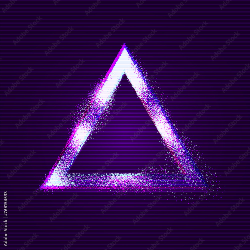Poster Glitched Triangle Frame Design. Distorted Glitch Style Modern Background. Glow Triangle Design for Graphic Design - Banner, Poster, Flyer, Brochure, Card. Vector Illustration.