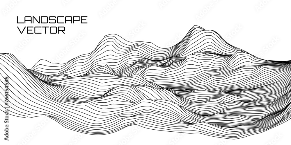 Poster Abstract Digital Wireframe Landscape Wire Lines. 3D Topographic Map Background Concept. Geography Concept. Wavy Lines Backdrop. Space Surface HUD Design Element. Vector Illustration.