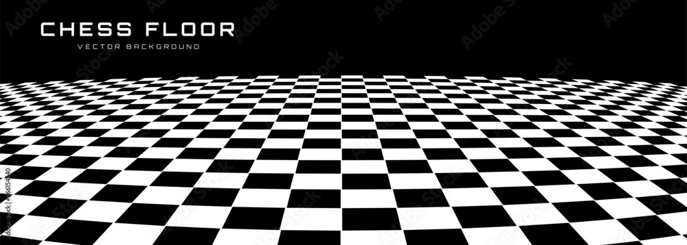 Aufkleber Chess Floor in Perspective with Checkerboard Texture. Empty Chess Board. Black and White Squares Mosaic Studio Background. Vector illustration.