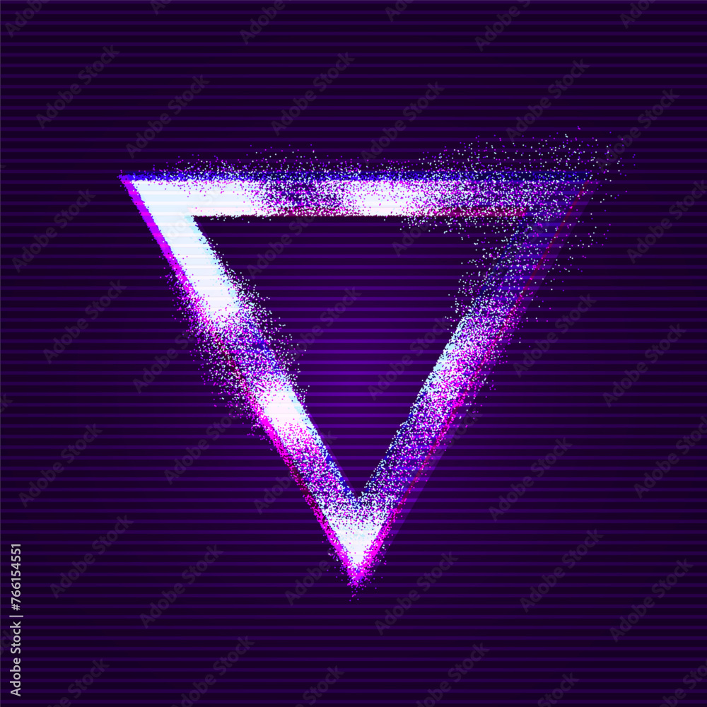 Poster Glitched Triangle Frame Design. Distorted Glitch Style Modern Background. Glow Triangle Design for Graphic Design - Banner, Poster, Flyer, Brochure, Card. Vector Illustration.