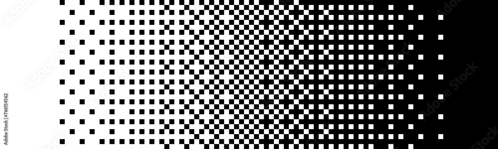 Poster Square Pixel Halftone. Black and white linear gradient. Vector Backdrop. Dithering effect. Pixel gradient abstract mosaic background for modern design. 1 bit background.
