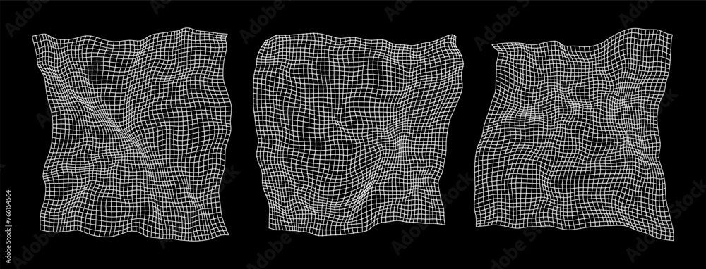 Poster distorted grids. technology, science, game background elements. black and white wireframe grids. ban