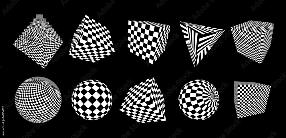 Poster Graphic Design 3D Forms with Checkered Texture. Abstract Surreal 3D Shapes. Trendy Y2K Geometric Shapes. Brutalist Design Elements. Vector Illustration.