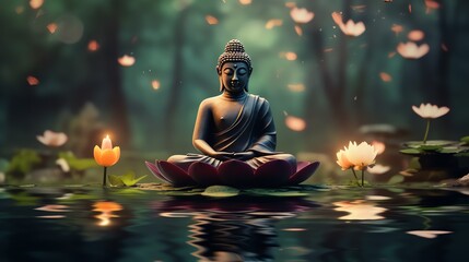 a statue of a buddha sitting on a lotus flower in the water